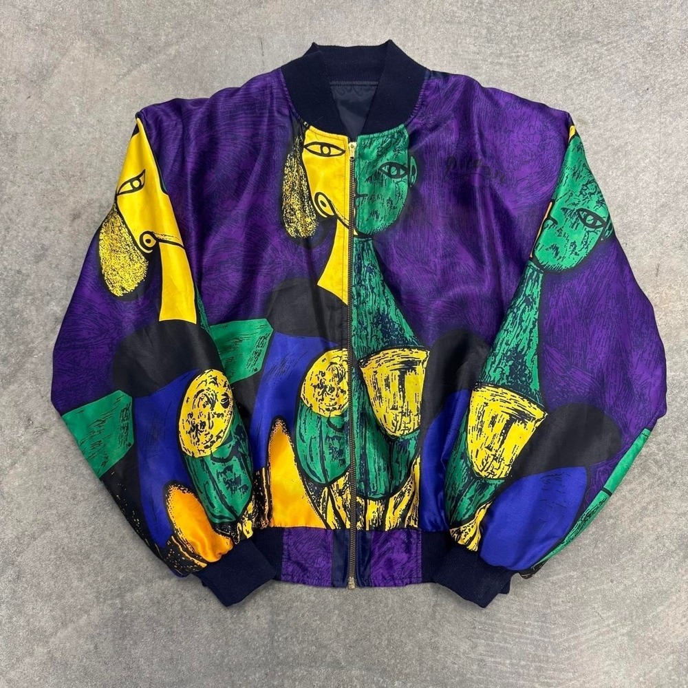 Vintage Picasso Satin Bomber Jacket Pop Art 80's AOP Zip Up XL